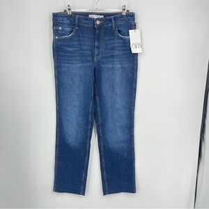 ZARA high rise slim fit ankle jeans distressed blue denim raw hem 6 3777 222 407